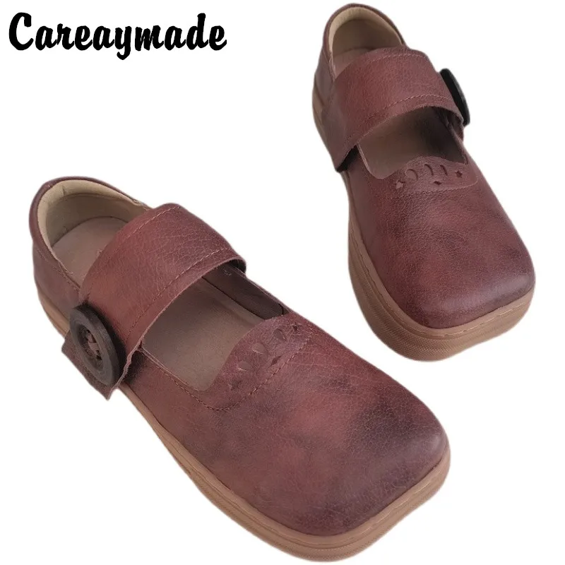 Careaymade-Genuine Leather art square head hand sewn women's shoes casual soft thick soled original leather single shoes,3 color