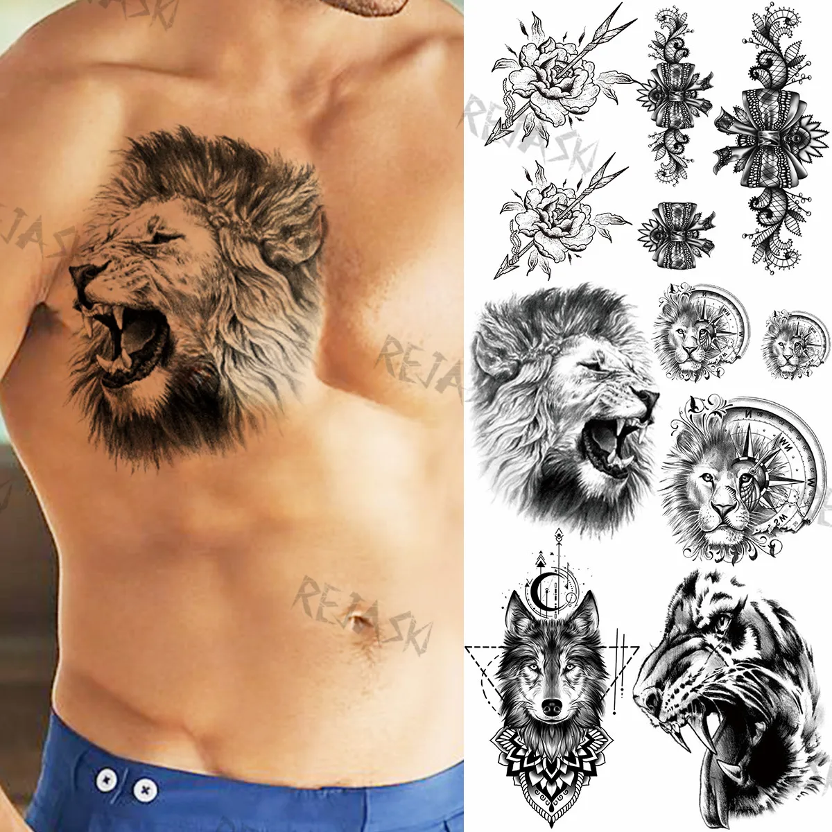 

Временные татуировки в богемном стиле с черным львом для мужчин и женщин, реалистичный волк, мандала, компас, цветок, стрела, искусственная т...