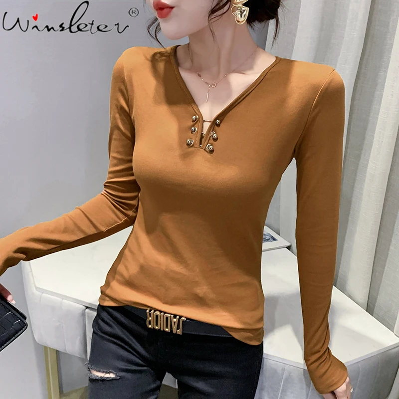 

MadBlack Fall Winter Clothes Lady Cotton Fob T-Shirt Fashion Sexy V-Neck Pin Women Tops Long Sleeve Bottoming Shirt Tees T10908A