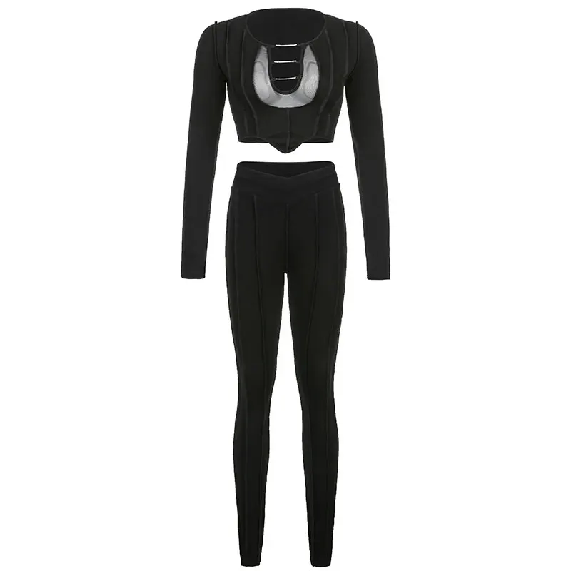 

BIIKPIIKKnitting Hollow Out Elegant Two Piece Sets Long Sleeve Patchwork Mesh Blouse+Pants Matching Set Casual Longe Wear Female