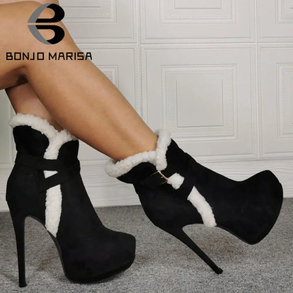

BONJOMARISA Fashion Sexy Short Plush Warm Hot Ankle Women Boots Zipper Platform Dress Party Clubwear Wedding Winter Shoes Woman