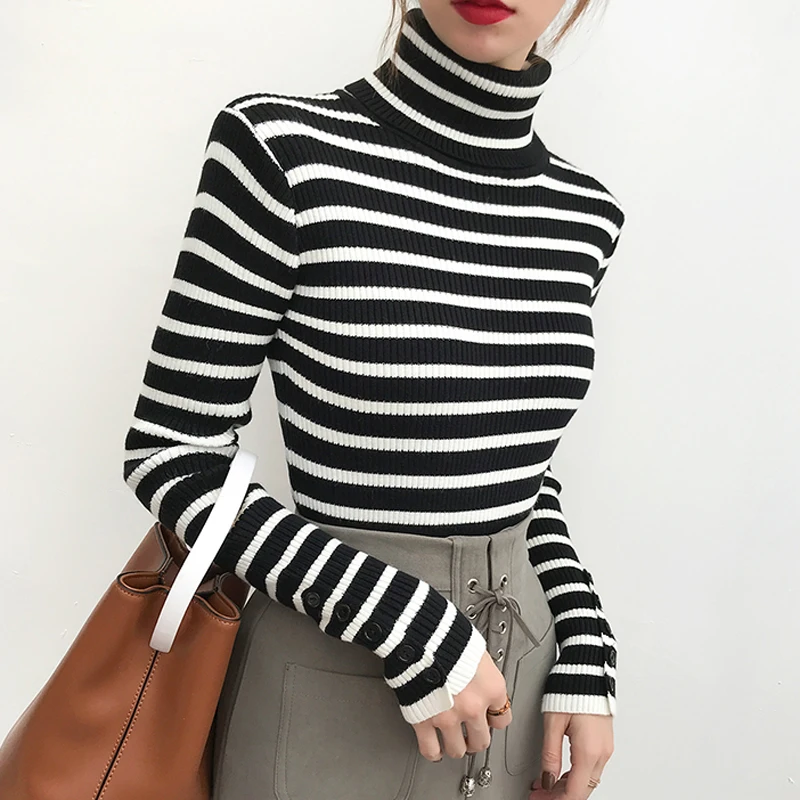 

Lucyever Striped Turtleneck Sweater Fashion Women Long Sleeve Autumn Button Knitted Jumper Causal Pullover Black Female Top 2021