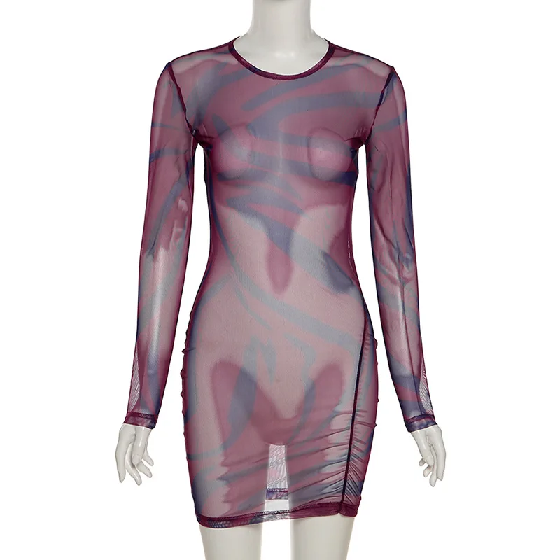 

Angels Summer Dress For Women 2021 Round Neck Long Sleeve Fashion Sexy See-Through Slim Hip Natural Mini Dress Female AG31848
