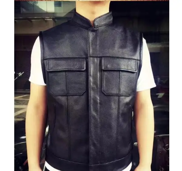 

New Style Cowhide 100% Genuine Leather Men Slim Vest Motorbiker Mens Vests Quality Sales