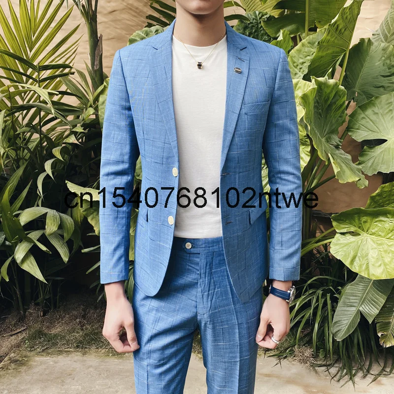 

Новинка весна-лето мужской костюм из двух предметов модное тонкое клетчатое платье для жениха яркий костюм для мальчиков