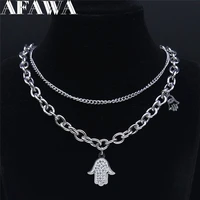 2pcs hip hop crystal stainless steel islam hamsa hand layer necklace silver color necklace menwomen jewelry joyeria nxhyb199