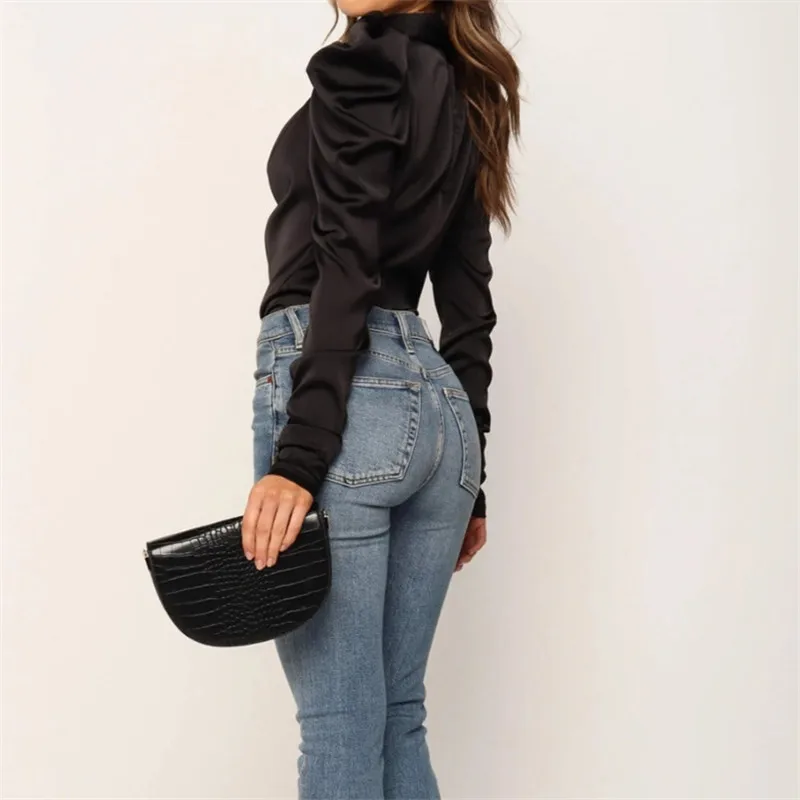 Брендовые новые женские атласные блузки с бантом длинными рукавами пышными