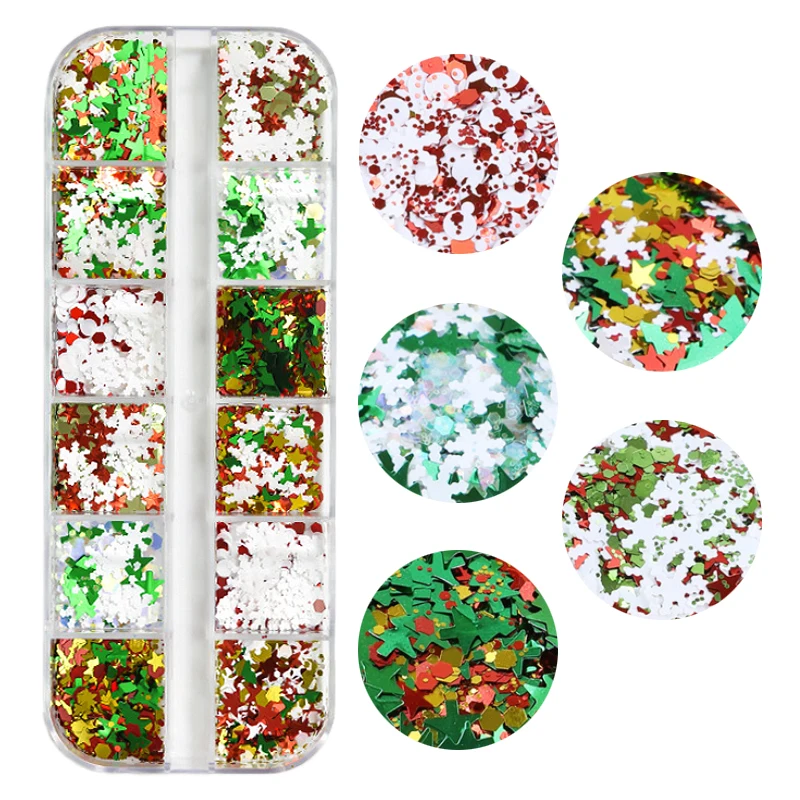 

12 Grids 3D Snowflake Xmas Tree Metal Slices Nail Art Sequins Christmas Decorations Nails Thin Sticker Designs Manicure