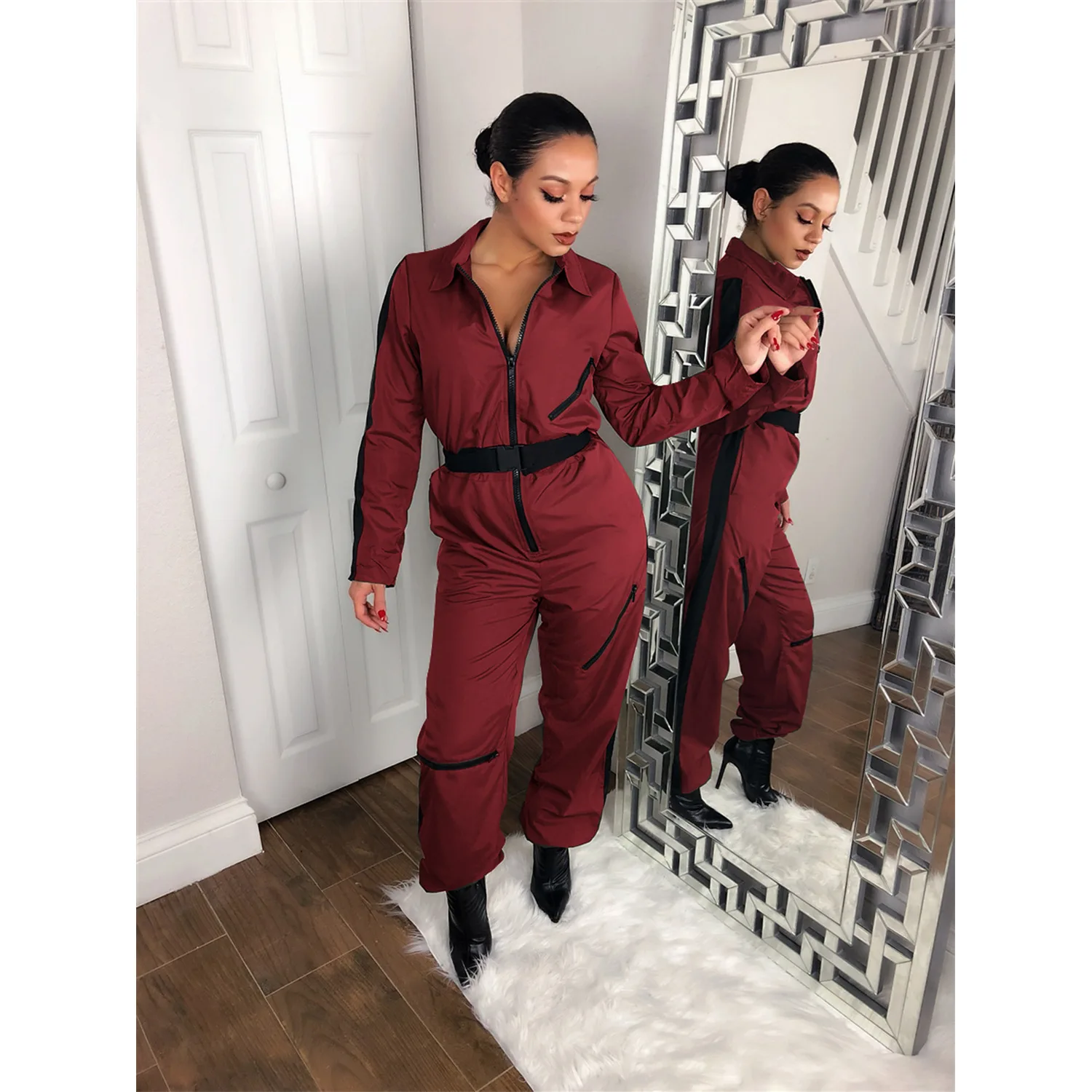 Элегантный боди женский комбинезон на молнии двухцветный с поясом женские