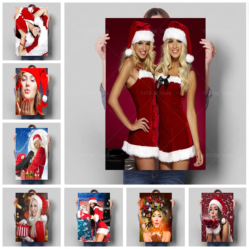 

Sexy beauty red and white with christmas outfit canvas painting christmas girl and gift poster wall art picture home decoration