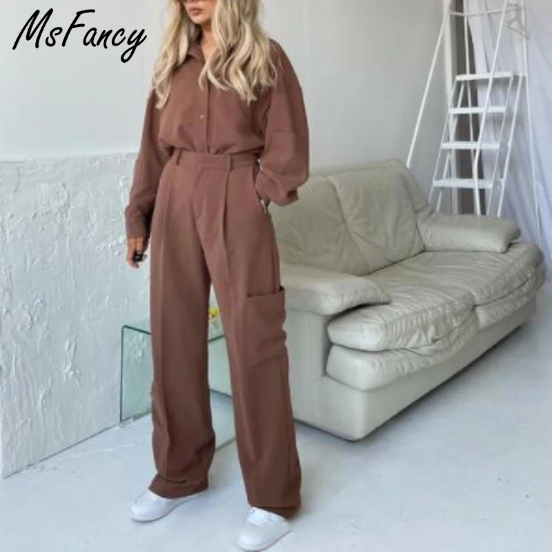 Комплект брюк Msfancy Женский винтажная рубашка с длинным рукавом и карманами брюки