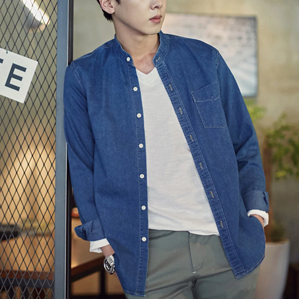 Men Denim Shirt Mens Long Sleeve Soft Cotton Slim Jeans Shirts Male Cowboy Shirt