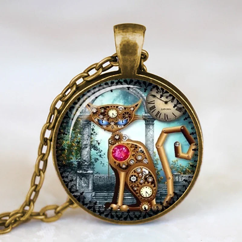 

2021 Hot Sale Steampunk Cat Cabochon Gem Glass Pendant Necklace Sweater Chain Necklace for Women Child Chain Necklace Jewelry