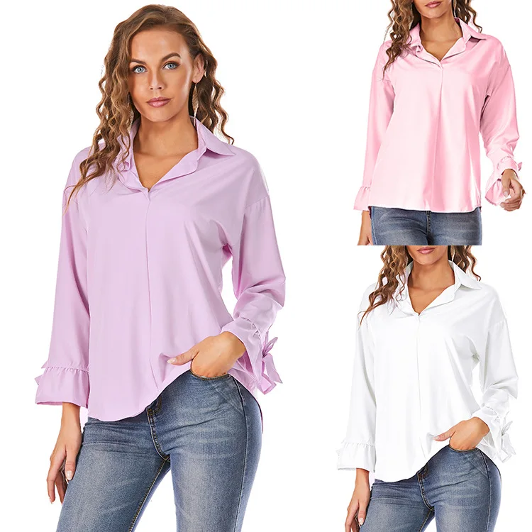 

Spring and summer women's long-sleeved shirts European and American street fashion loose solid color plus size shirts women