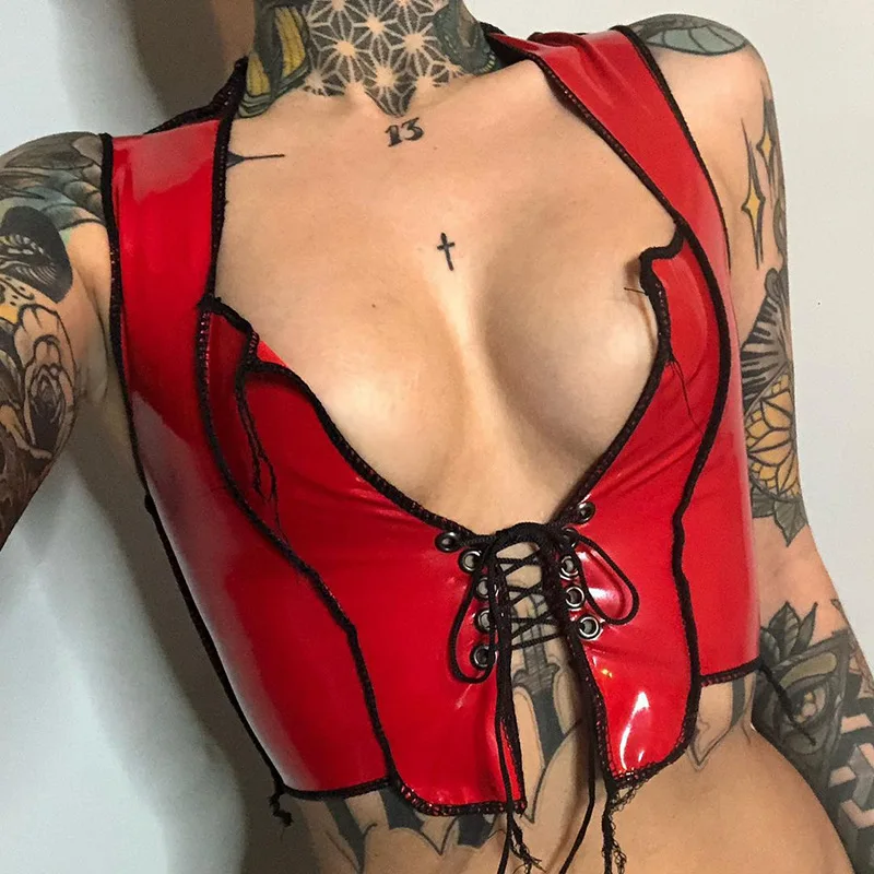 

2021 Sexy PU Leather Lace Up Crop Top Women T Shirts Vintage Deep V Neck Sleeveless Bandage Tank Top Club Party T Shirt Women