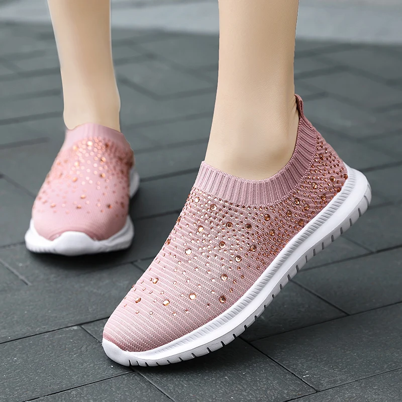 

Vulcanized Shoes Women Sneakers Trainers Knitted Sneakers Ladies Slip-on Sock Shoes Sparkly Crystal Zapatillas Mujer