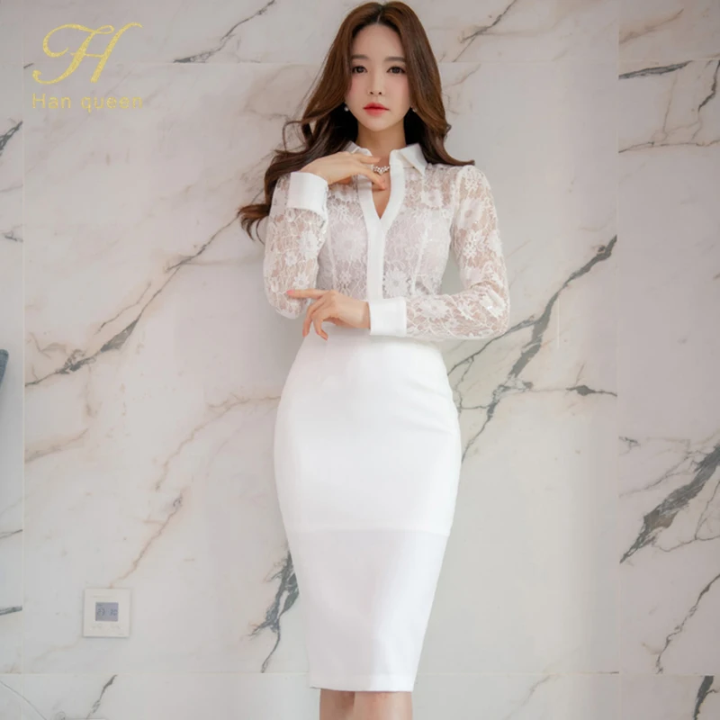 Женское кружевное платье-карандаш H Han Queen Белое Облегающее Платье-футляр