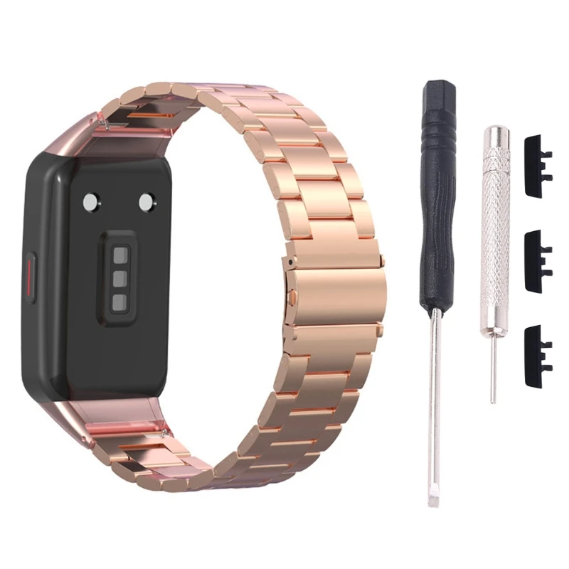 

Replacement Strap For -Huawei Honor Band 6 Smart Watch Double Snap Buckle Three Beads Solid Stainless Steel Strap Fashio LX0A