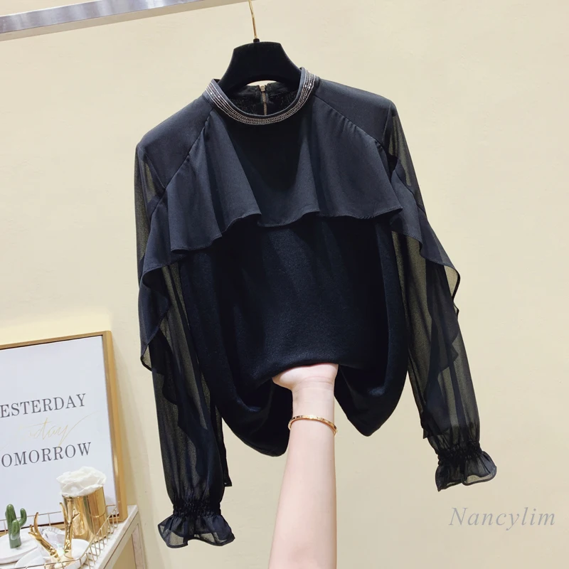 Black Chiffon Blouse for Women 2021 Spring Autumn New Fashion Elegant Ruffle Shirt Lady All-Match Tops Nancylim