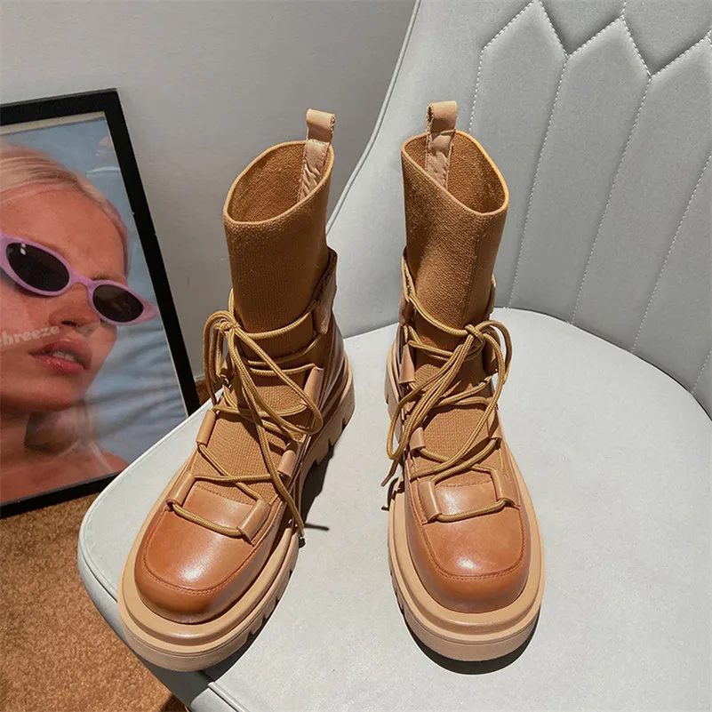 

Meotina Genuine Leather Platform High Heel Short Boots Women Shoes Round Toe Lace Up Block Heels Ankle Boots Autumn Brown 34 -40