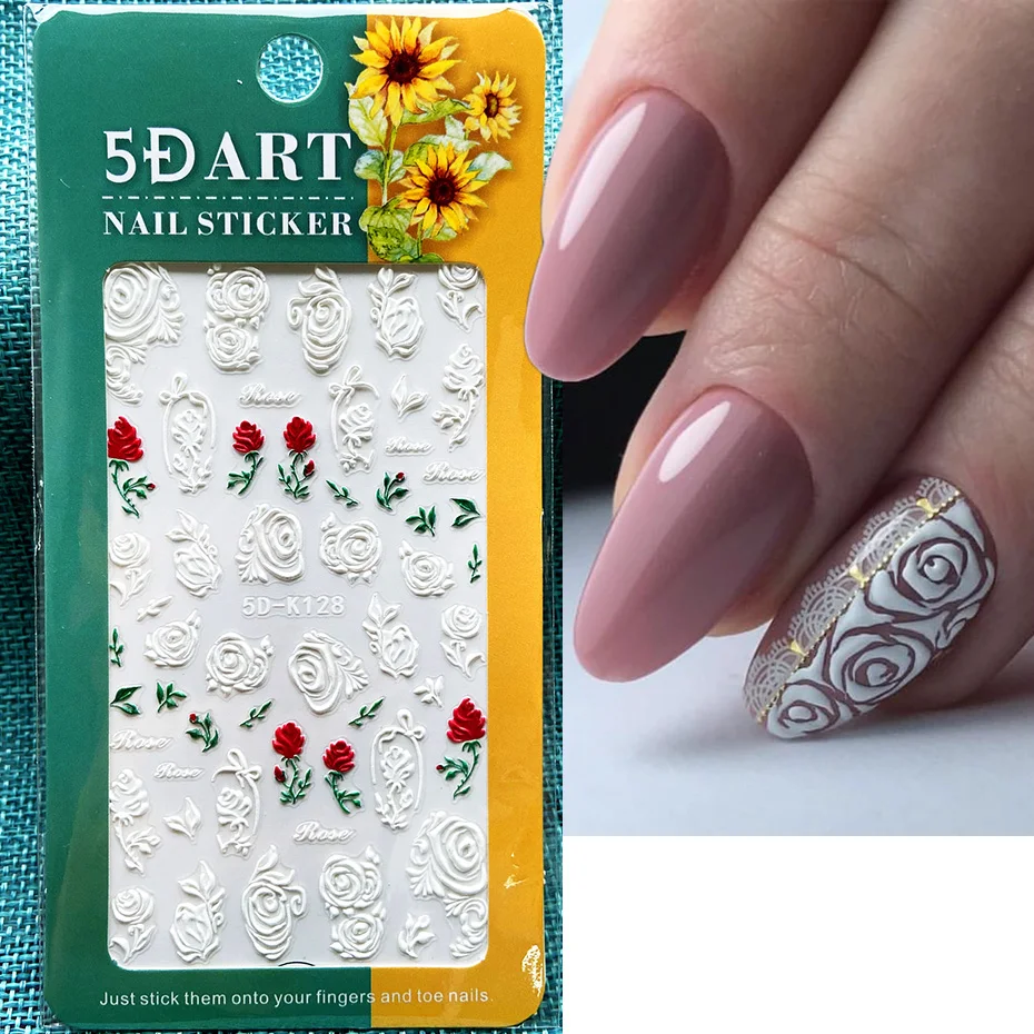Новые 5D белые розы переводные наклейки на ногти цветы тисненые искусство