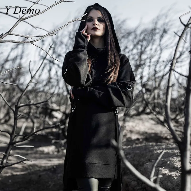 Готический Новый длинный рукав толстовка с капюшоном женское повседневное