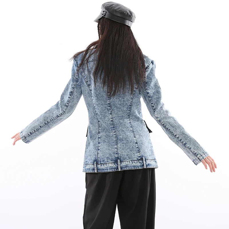 

[EAM] Women Pu Leather Spliced Denim Blazer New Notched Long Sleeve Loose Fit Jacket Fashion Spring Autumn 2021 1DD228605M
