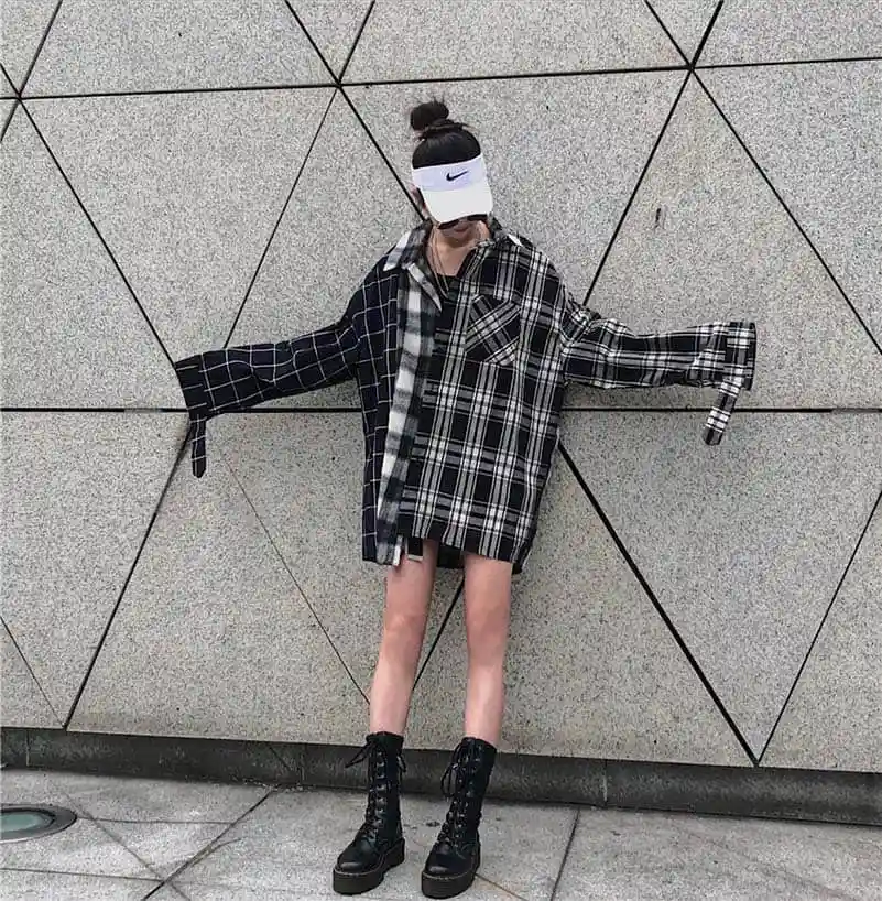 NiceMix Harajuku женские рубашки с длинными рукавами в клетку в стиле пэчворк BF женские блузки с отложным воротником в Корейском стиле Mujer блузка