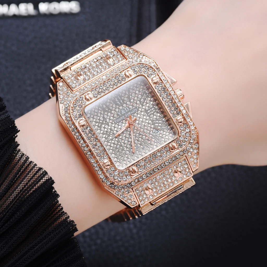

Luxus Frauen Rose Gold Uhr Mode Damen Quarz Diamant Armbanduhr Pretty Weiblichen Legierung Armband Uhr Set Relogio Feminino