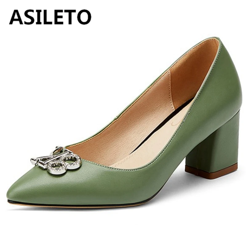 

ASILETO Female Spring Autumn Pumps Pointed Toe 6cm Square Heels Slip on Rhinestone Metal Letter Plus Size 33-48 Leisure S1843