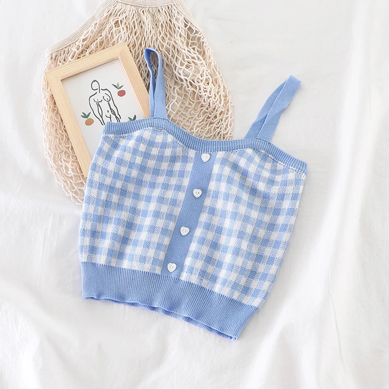 

Tops Women Plaid Tanks Tops With Buttons Sexy Bare Midriff Knitted Tops Women Sleeveless Summer Cute Crop Tops For Women