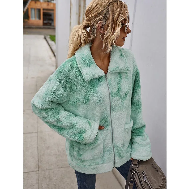 

Teddy Coat Women 2020 Autumn Winter Faux Fur Thick Coat Turn-dowm Collar Fluffy Pockets Tie Dyed Zipper Jacket Overcoat