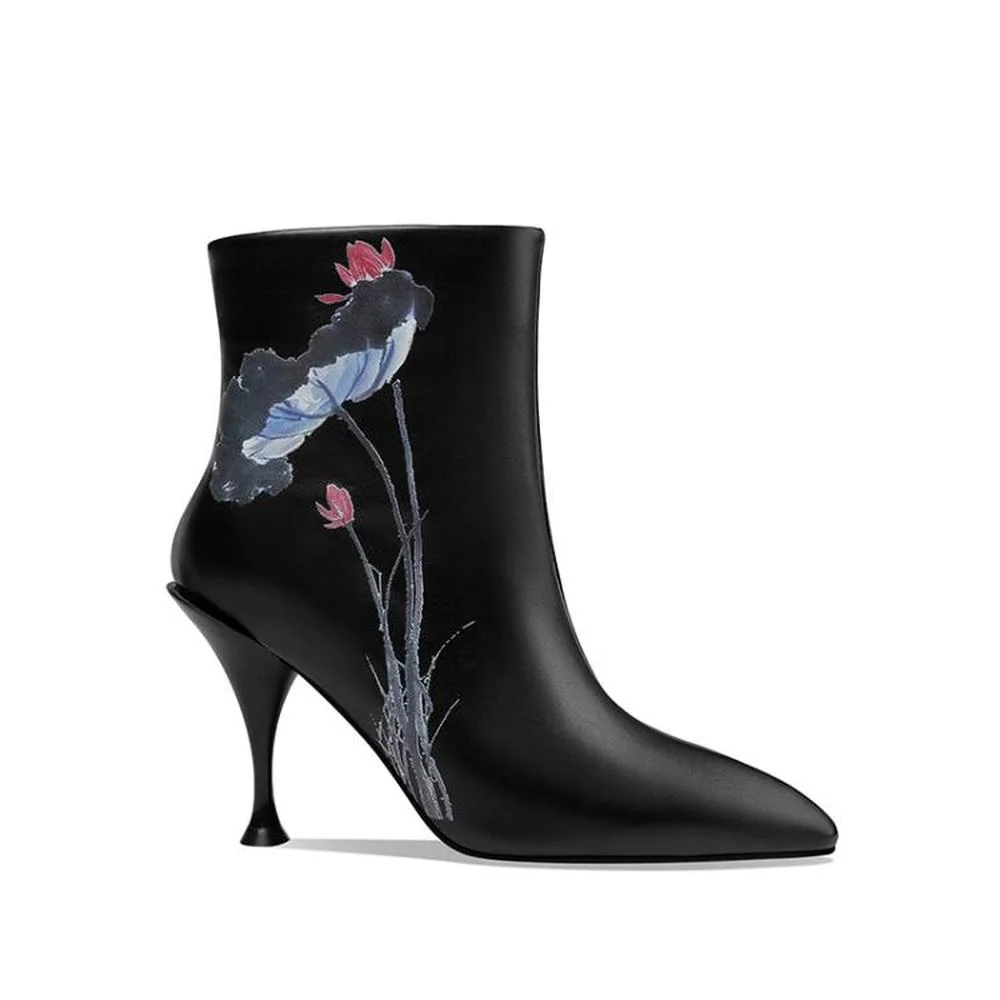 

Womens Pointed Toe Ankle Boots Lotus Floral Printed High Heel Retro Shoes Vintage Black Custom Made Colors Plus Big Size 44 45