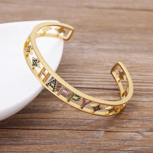 AIBEF Fashion Hiphop Copper Open Bangles Women Letter Happy Star Design Crystal Bracelet Couple Jewelry Gift Wholesale