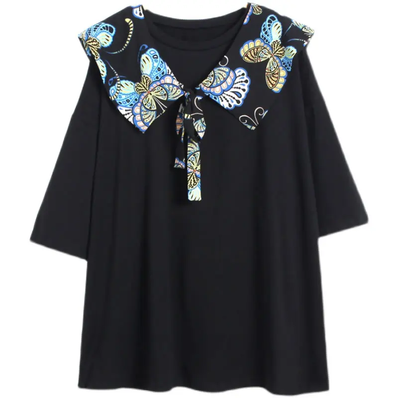 

XITAO Patchwork T Shirt Fashion New Women Print Pattern Pullover Small Fresh 2021 Summer Two Piece Set Minority Tee LDD1237
