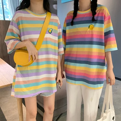 Casual Loose Lemon Avocado Embroidered Colorful Striped Summer Spring 2020 New Arrival Hot Sale Women Top T-shirts | Женская одежда