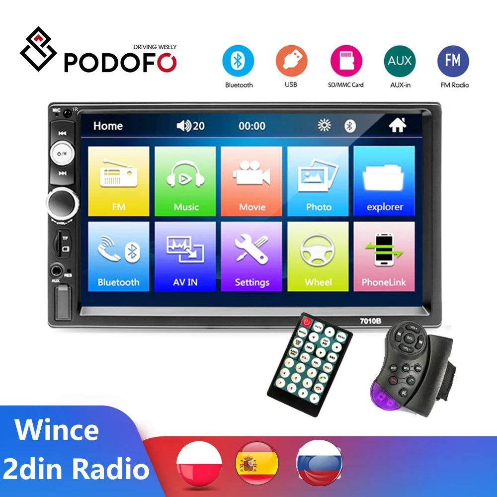 Автомагнитола Podofo 2 Din с сенсорным экраном 7 '' радио со встроенным Bluetooth FM AUX USB