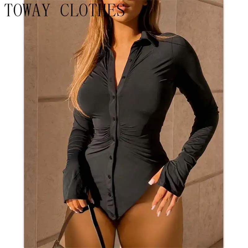 

Women Turn-down Collar Plain Bell Sleeve Slit Buttoned Ruched Bodysuit Skinny Jumpsuit