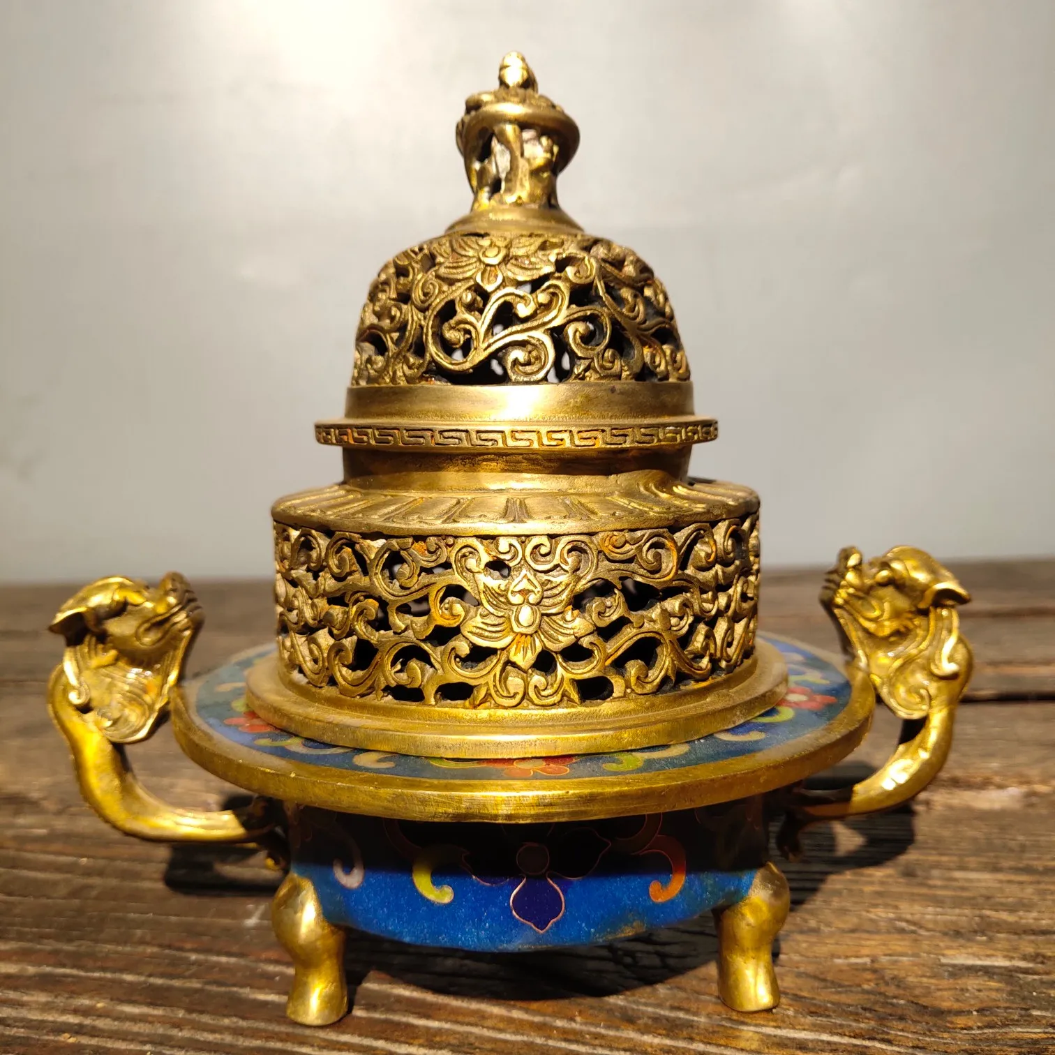 

7"Chinese Folk Collection Old Bronze Cloisonne Enamel Chilong statue Binaural Three-legged incense burner Gather wealth Office