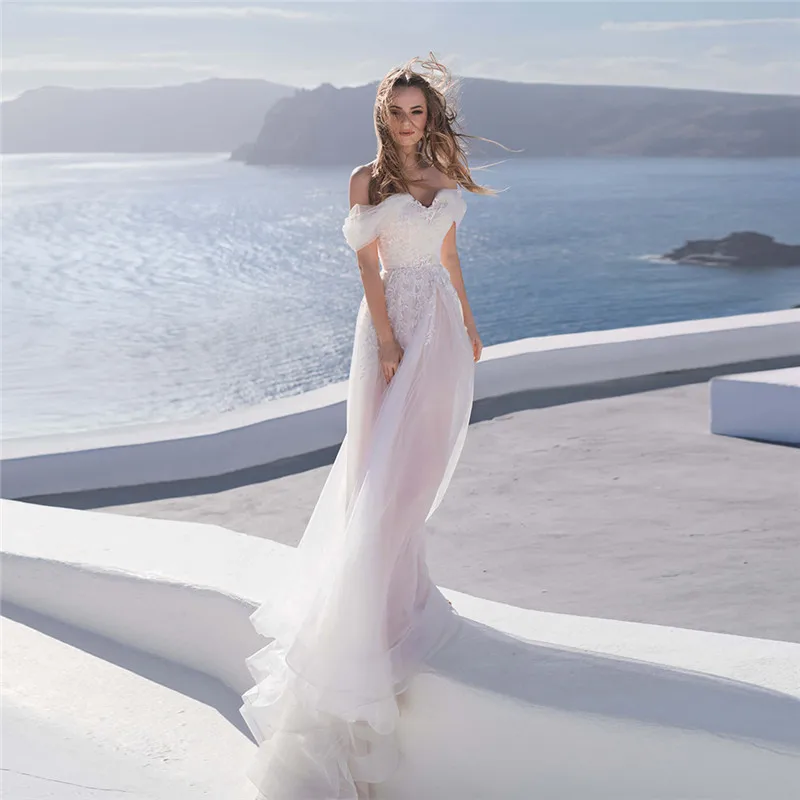 

Женское кружевное платье с открытыми плечами, пляжное платье из тюля для невесты, корсет на шнуровке, трапециевидная свадебная одежда, весе...