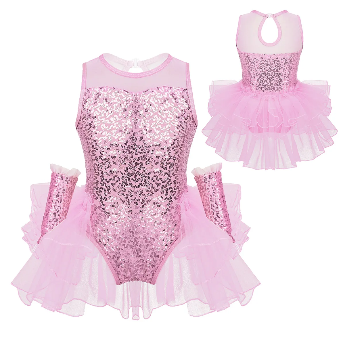 Pink ChicTry Детская Одежда для танцев с блестками, гофрированное Сетчатое гимнастическое трико для девочек, балетное платье для фигурного катания, костюм с рукавами - Цвет: Pink