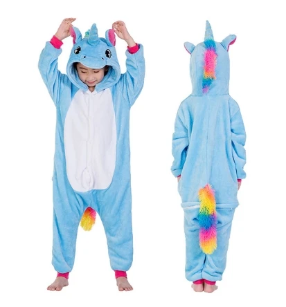 Blue Horse Onesie/Детская Пижама кигуруми с единорогом; зимняя Пижама с пандой; Пижама с единорогом для мальчиков и девочек; Фланелевая пижама с животными для костюмированной вечеринки; одежда для сна с капюшоном - Цвет: Blue Horse