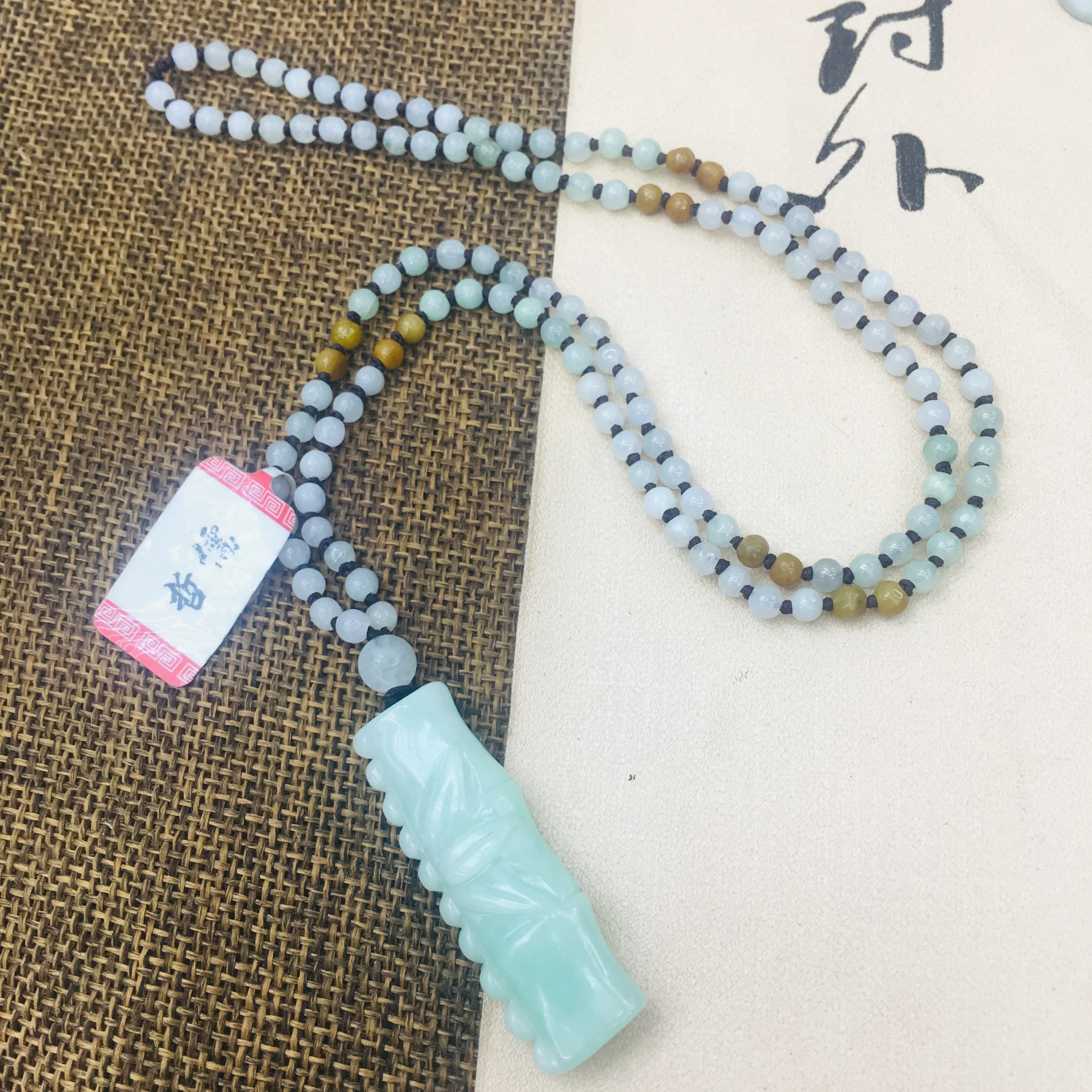 Natural Burmese Emerald Jade Carving Bamboo Pendant with Handmade Tri-Color Bead Necklace Women's Sweater Chain | Украшения и