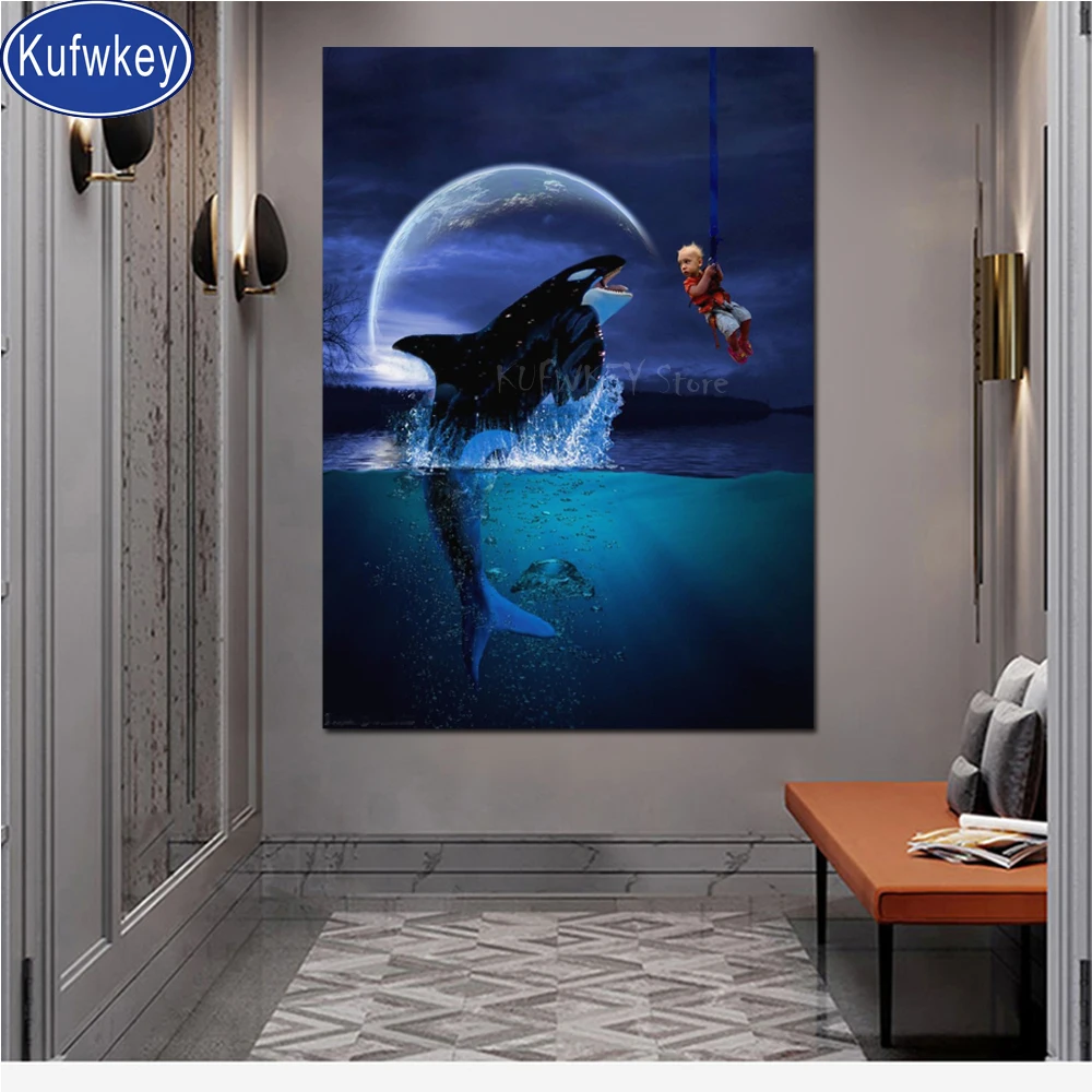 Diy камни в форме ромба круглый дрель алмазов картина Луна морской дельфин детские