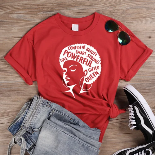 Red-White Афро леди Графический футболки для феминисток тройники черная девушка Волшебная футболка королева девушка мощные футболки рубашки женские винтажные меланин футболка - Цвет: Red-White