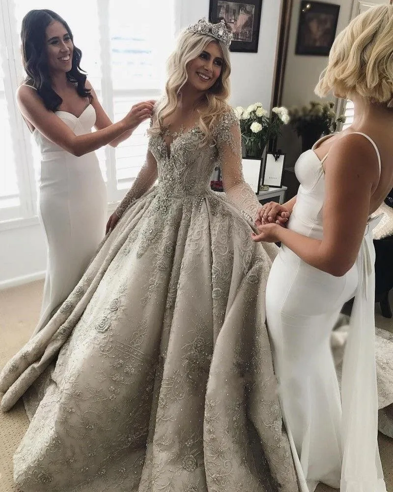 Роскошные свадебные платья с кристаллами и бусинами длинным рукавом 3D кружевной