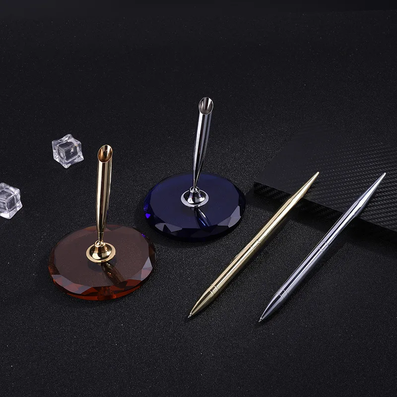 

FP110 Crystal Desk Pen with Base Fix on table Counter ball Pen with Chain Finance Banking Pen metal Pen Holder Gift Set