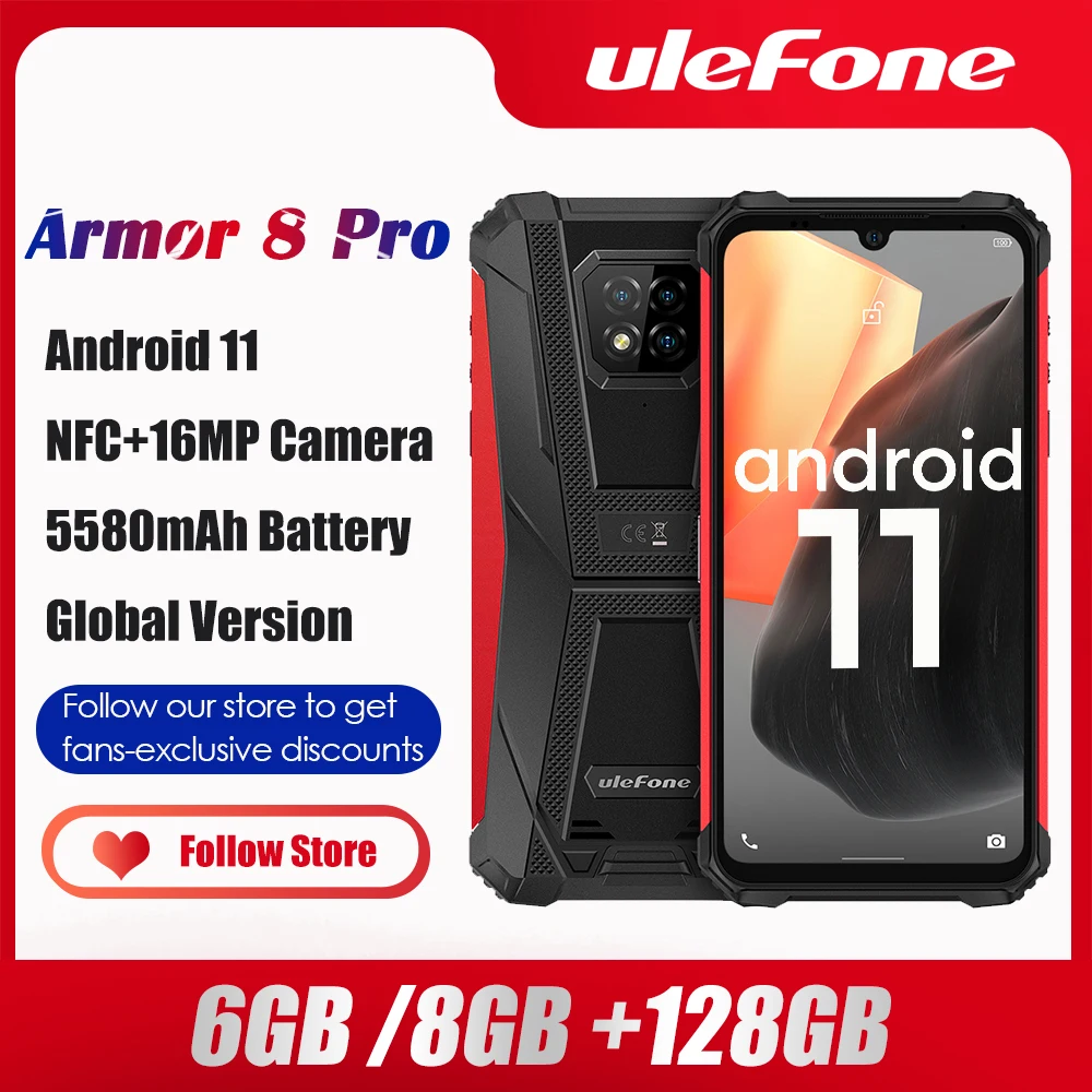 Ulefone teléfono inteligente Armor 8 Pro, resistente al agua, con Android 11, 8GB /6GB + 128GB, NFC/IP68/5580mAh, Global (0)