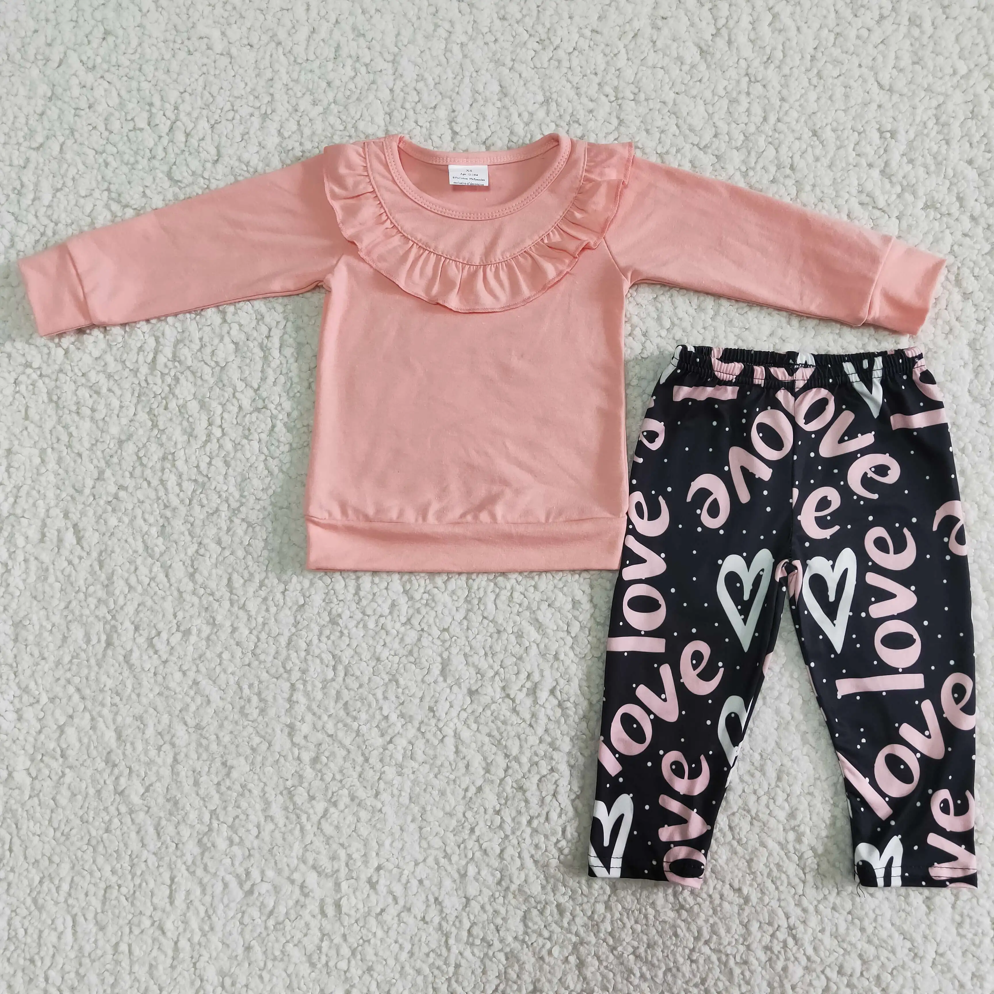 

Pink Ruffles 100% Cotton Long Sleeve Top Love Heart Print Pants Girls Valentine's Day Clothing