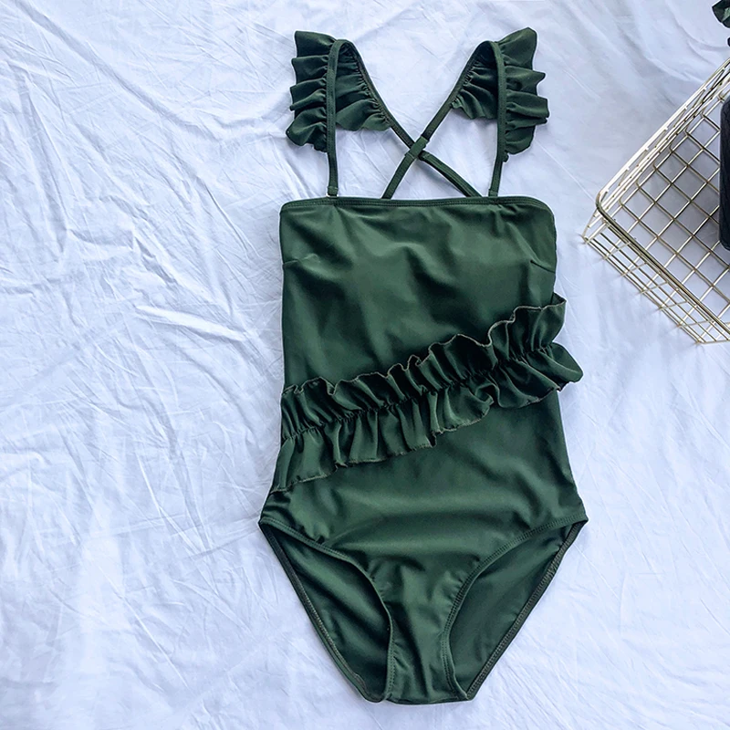 

2019 Swimsuit Women One Piece Solid Swimwear Slimming Bodysuit Female Bathing Suit Ruffle Cross Strap High Neck Beach Wear